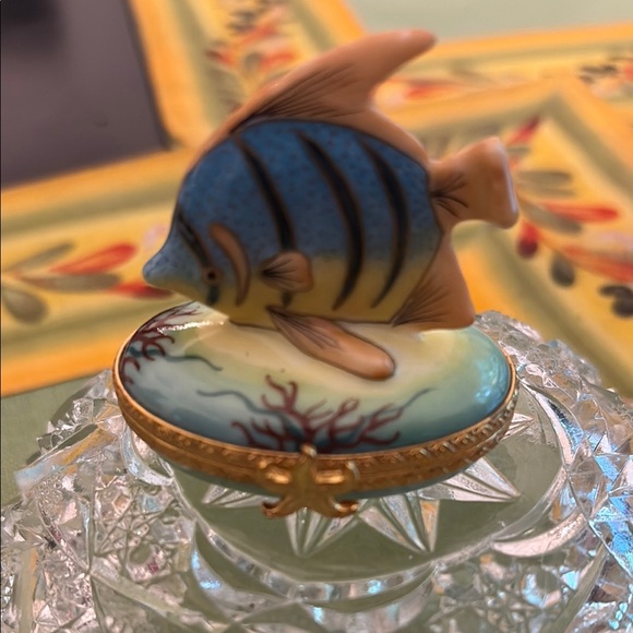Limoges Decorative Blue and Gold Fish Porcelain Trinket Box